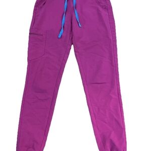 Figs Magenta Scrub Top with Blue Drawstring Detail